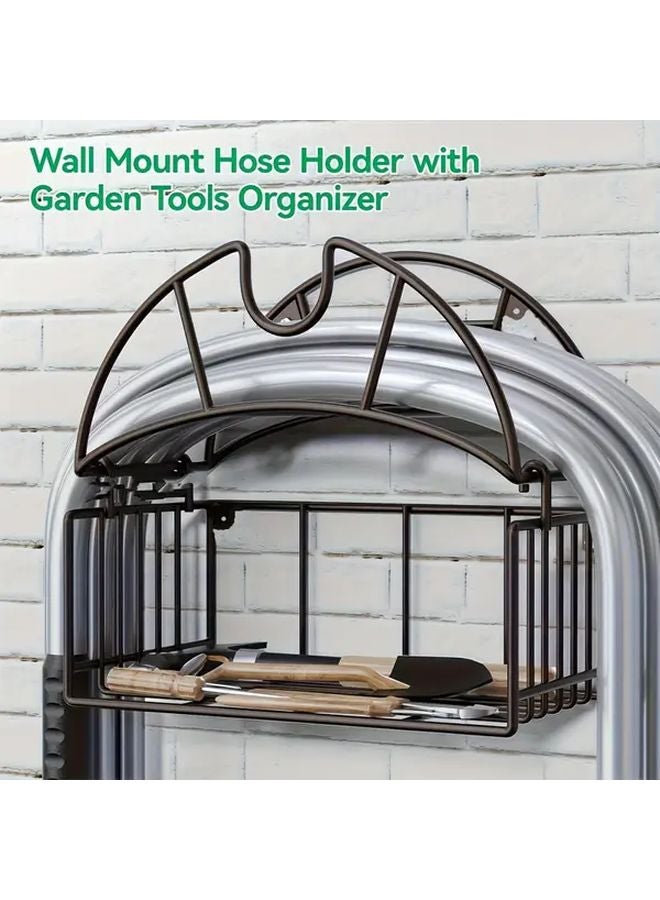 Heavy Duty Metal Garden Hose Holder Wall Mounted With Tool Storage Basket Black - Image 2